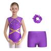 Girls Gymnastics Outfit Keyhole Back Patchwork Sleeveless Glittery Rhinestones Leotard V Front Waistband Shorts Set