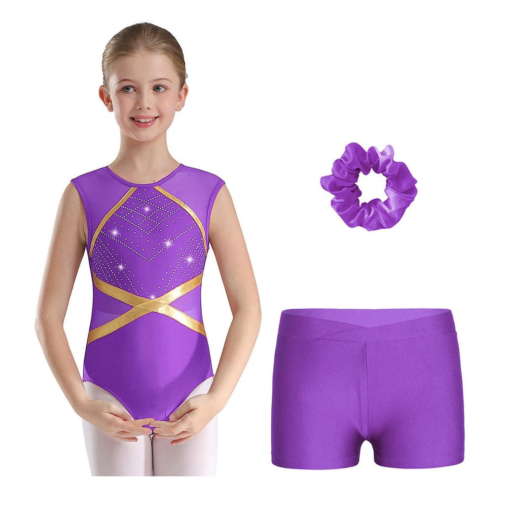 Girls Gymnastics Outfit Keyhole Back Patchwork Sleeveless Glittery Rhinestones Leotard V Front Waistband Shorts Set