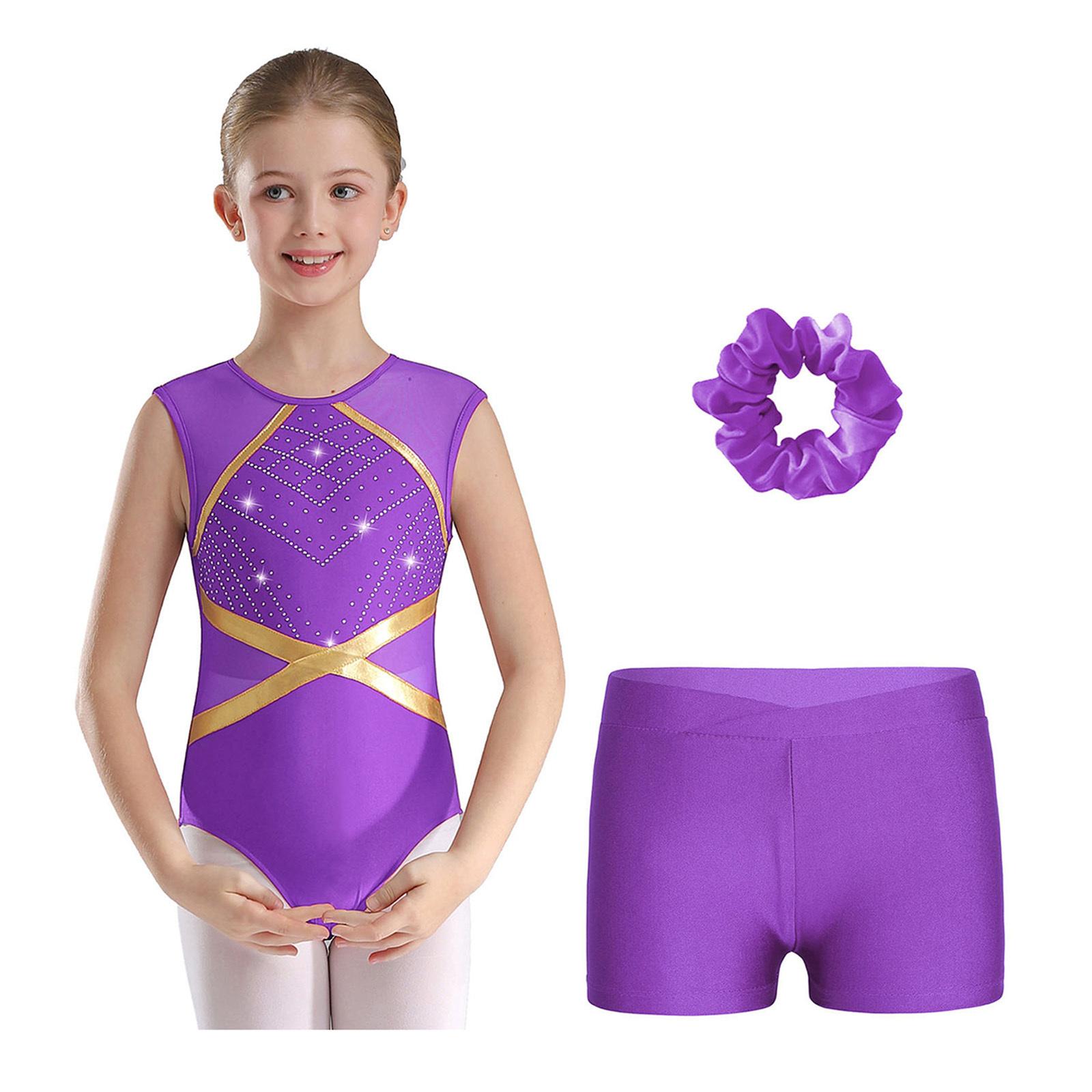 YOOJIA Kinderen Meisjes Gymnastiek Outfit Sleutelgat Rug Patchwork Mouwloos Glinsterende Strass Leotard met V-voorkant Tailleband Shorts Haarelastiek Hoofddeksel 7-8 Years paars