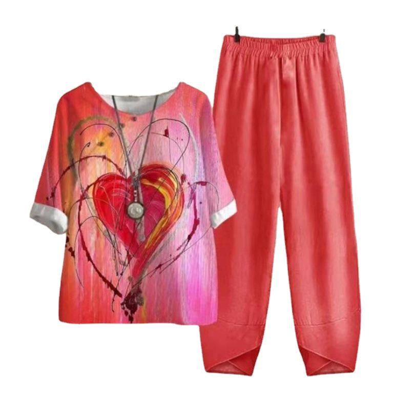 2023 Spring Women's Five-Sleeve Printed Top & Pants Set
