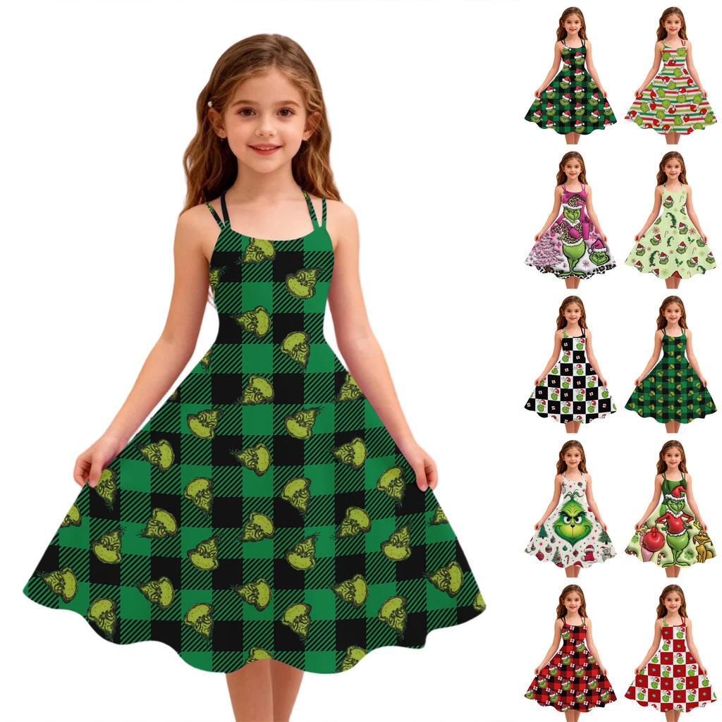 Children's Fashion Casual Christmas Print Off-Shoulder Punk Vintage Dress
