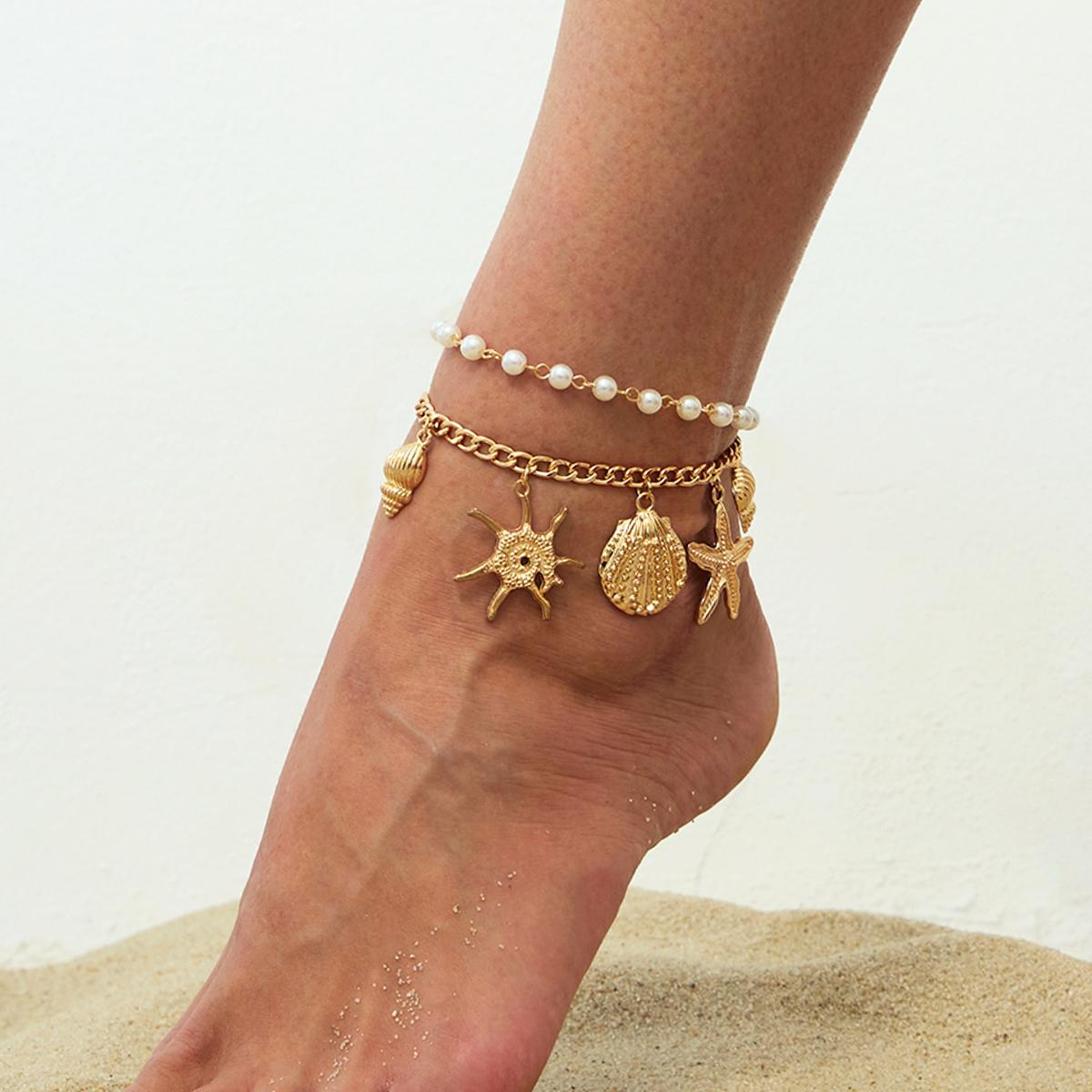 

PuRui Bohemia 2Pcs/Set Imitation Zircon Alloy Anklets Chain Summer Ocean Beach Big Starfish Sunflower Conch Pendant Zircon Gift