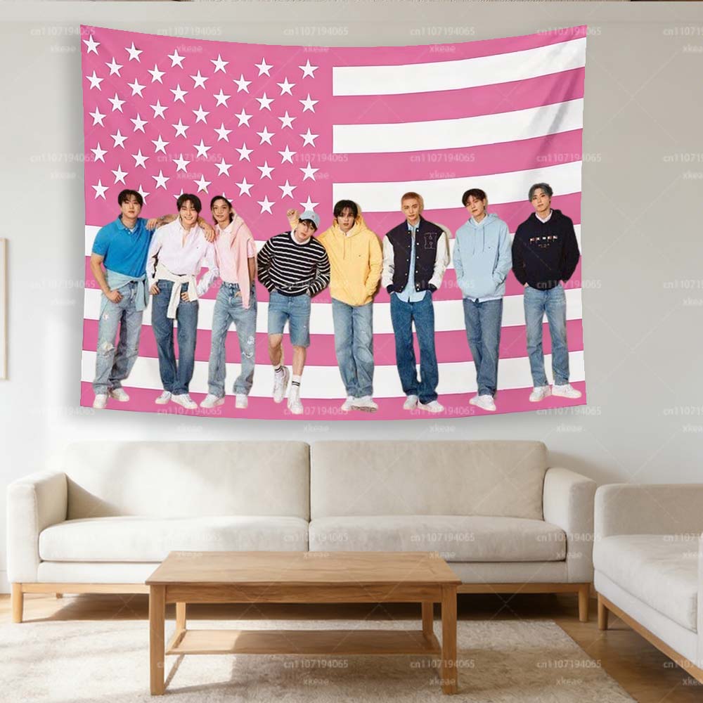 Stray Kids Pink American Flag Tapestry Flat Print Casual Group Photo Wall Hanging KPop SKZ Fan Room Decor Banner for Bedroom