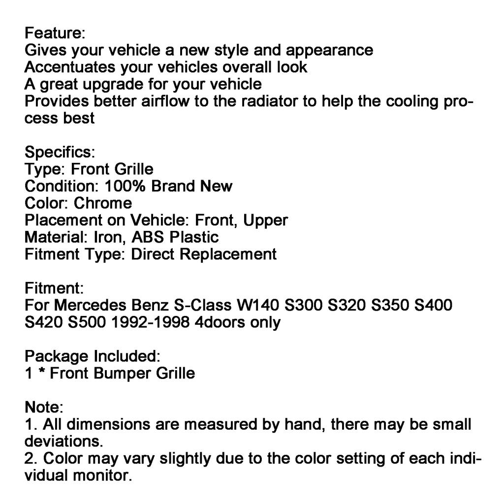 Chrome Front Bumper Grill Grille Fit Mercedes Benz S-Class W140 1992-1998