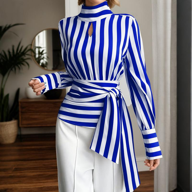 

ZANZEA Женская повседневная водолазка свободного кроя с длинным рукавом и полосатая блузка XL синий