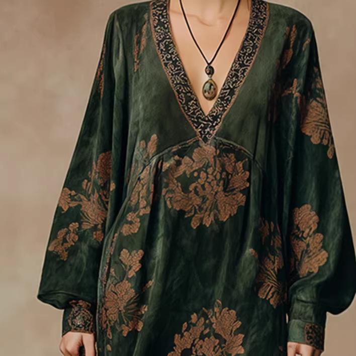 Damen V-Ausschnitt Langes Ballonärmeliges Blumenmuster Samt Maxikleid Lockere Taille Quasten Saum Vintage Boho Kleid