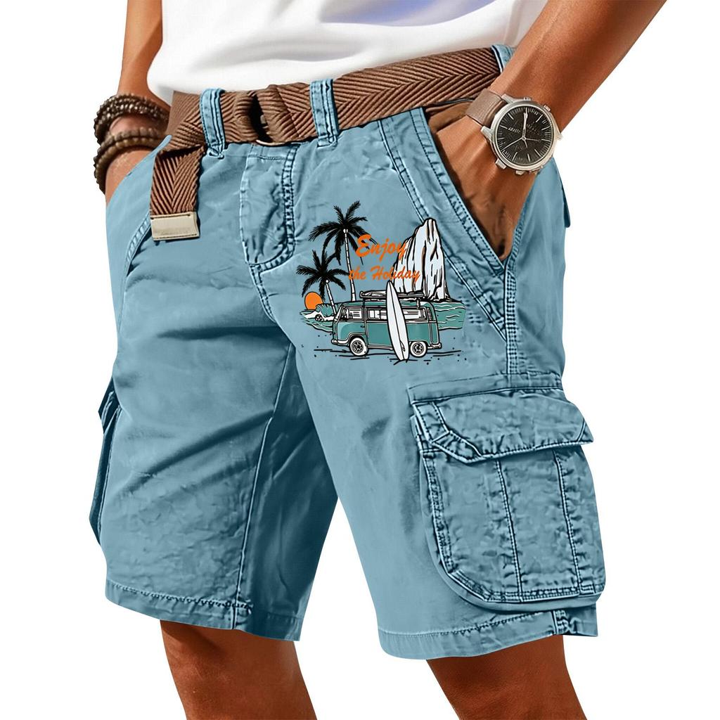 Men's Summer Printed Casual Multi Pocket Cargo Shorts Without Belt Loose Fit Cotton Fabric Classic Style
