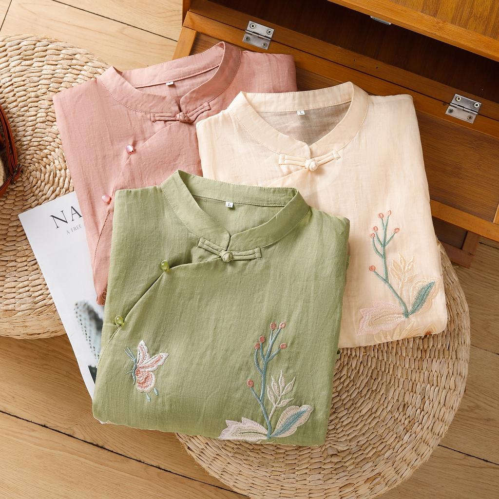 Retro embroidered cotton and linen shirt women's summer new stand-up collar diagonal placket buckle temperament top