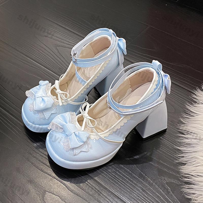 Women High Heel Lolita Mary Janes Shoes Ladies Chunky Platform Square Toe Patent Leather Sandals Soft Girl Sweet Cute Bow Shoes