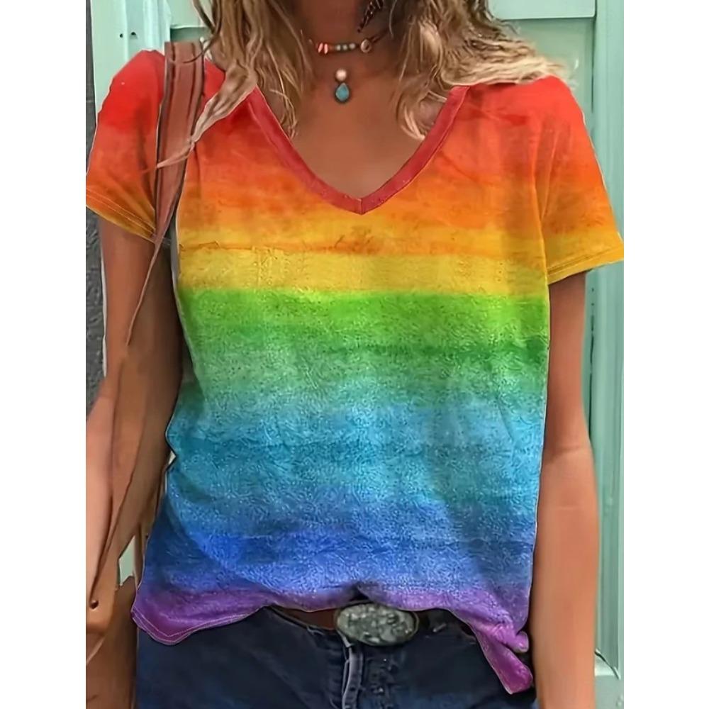 Women Summer T Shirt Gradient Color Print Short Sleeve Tees Casual Printed Tops