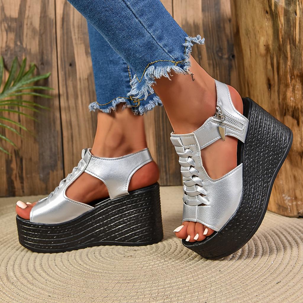 Fashion Aphixta Silver Peep Toe Wedge Heel Sandals Zipper Design Platform Sandals Women Casual Mesh Upper Breathable Shoes Plus Size 43