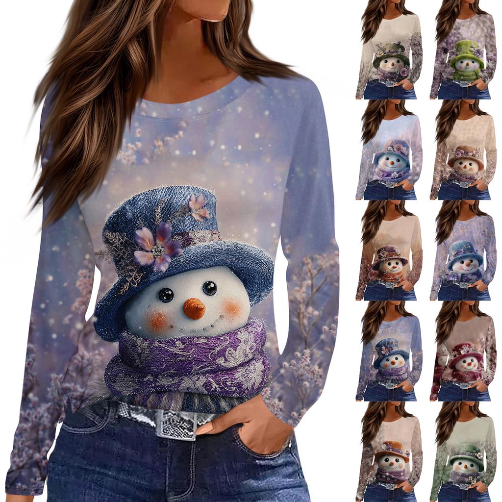 Women's Fashion Casual Slit Hem Round Neck Long Sleeve Loose Printed T-Shirt Ladies Top Christmas