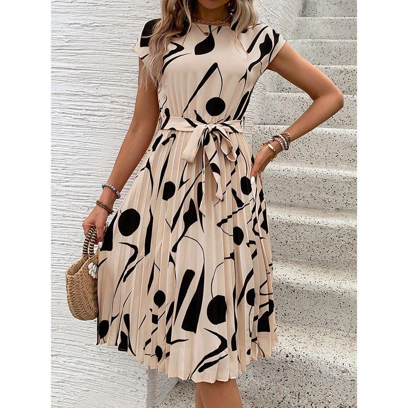 Printed round Neck Lace up Casual Dress Print round Neck Tied Dress