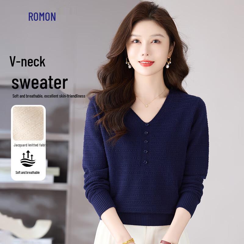 Women's Solid V-Neck Jacquard Knit Sweater
