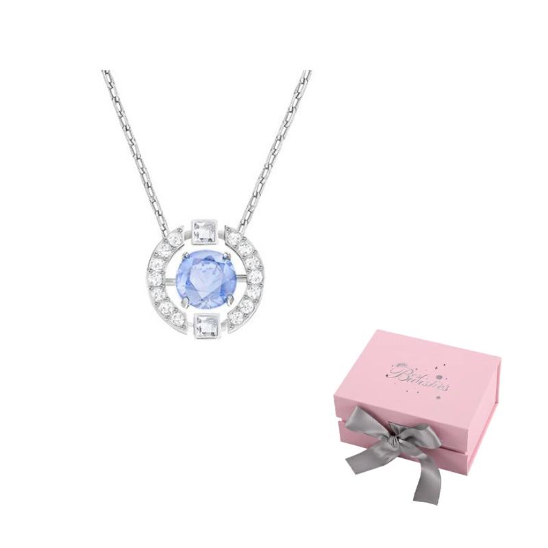 Swarovski Una Necklace Round Cut Blue Rhodium Plated F (One Size Fits All)-Pink bow gift box синий