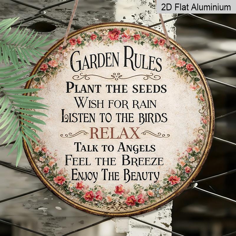 2D Flat, 1pc Round Aluminum Garden Rules Sign, Vintage "Garden Rules" Inspirational Quote, Vintage Floral Border Print with Pink Roses, Waterproof
