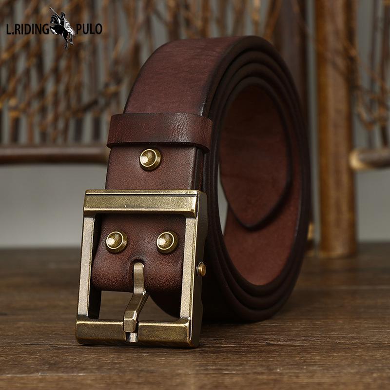 Men's Leather Belt Thickening Bolding Vegetable Tanned Full-Grain Leather Cowhide Brass Buckle Retro Genuine Leather Fashion