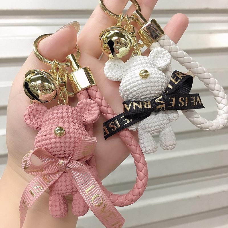 Cute Resin Woolen Little Bear Bow Rabbit Keychain Holiday Car Key Ring For Girls Creative Gift Weaving  Doll Bag Pendant