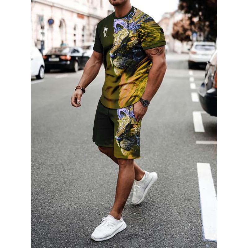 

Fashion Lion 3D Print Men s Set Summer Crew Neck Short Sleeve Top & Breathable Shorts Streetwear Casual Two-Piece Set S