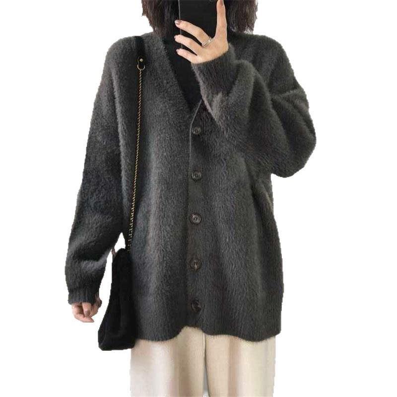 Korean Style Loose Faux Mink Velvet V-neck Cardigan Coat for Women