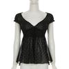 Korean Style Sheer Polka Dot V-Neck Mesh Top with Waist-Cinching Short Sleeves