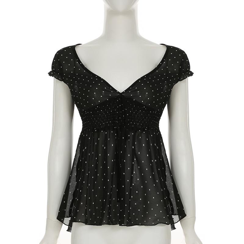 Korean Style Sheer Polka Dot V-Neck Mesh Top with Waist-Cinching Short Sleeves