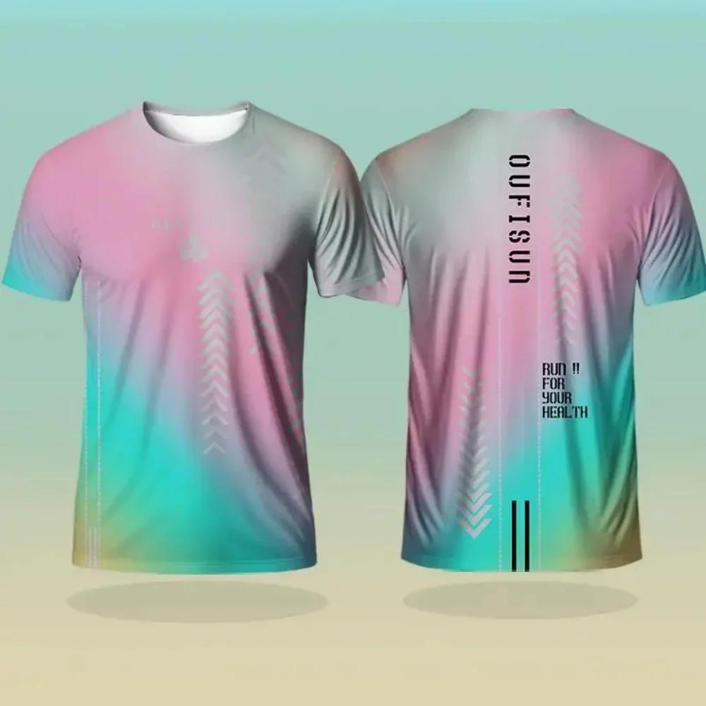 Gradient Pattern 3D Printed T-shirt Men Fashionable Comfortable Breathable Soft Round Neck Casual Sports Running Short Sleeves T-shirt