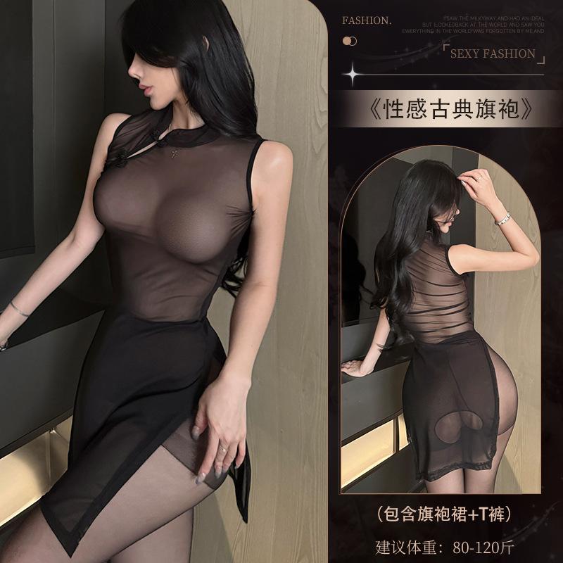 Sexy Cheongsam Dress Elegant Hollowed Out Chest Mesh Transparent Nightgown Tempting Women Sweet Thin Sheer Dress Tops TSY8