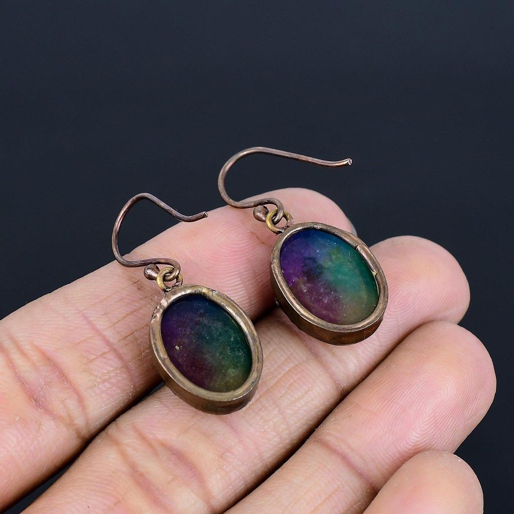 Rainbow Solar Quartz Earrings Gemstone Jewelry, Copper Electroformed Handmade Earrings, Latest Design Jewelry