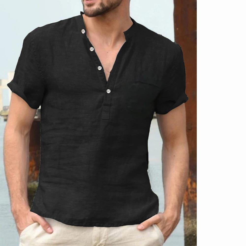 European and American Summer Men's Solid Color Short-Sleeve Stand Collar Casual Shirt for Teens, Large Size