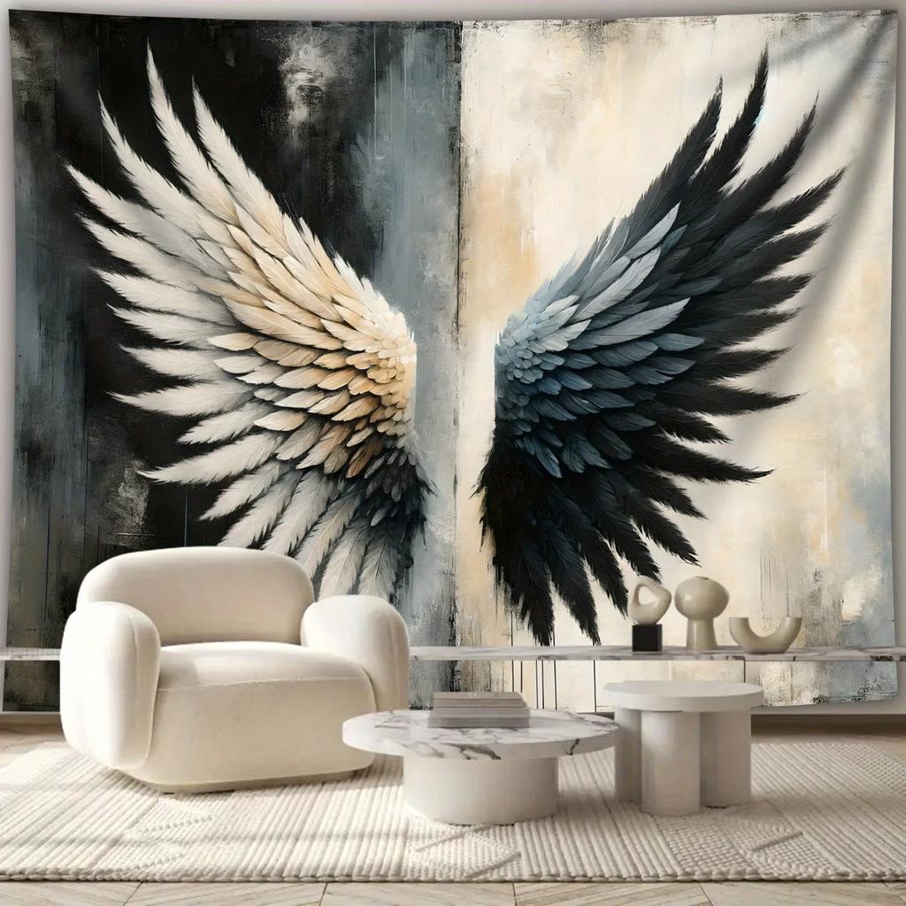 Black And White Angel Wings Wall Tapestry, Dramatic Fantasy Art, Symbol Of Light & Darkness For Home Decor
