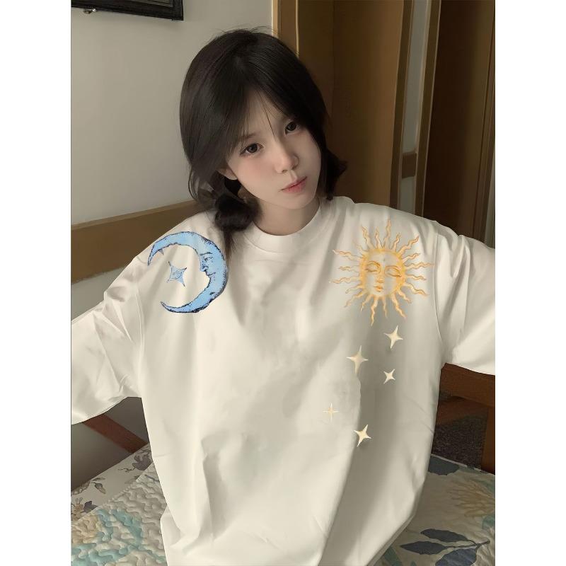 

Американский трендовый бренд футболка с длинным рукавом с принтом солнца и луны женская осенне-зимняя свободная повседневная хлопковая кофта для пар S белый