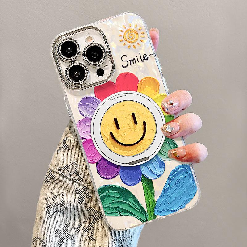 Smiley Sunflower iPhone Case: Compatible with iPhone 13-17 Pro Max, with Stand, Korean Spring Style