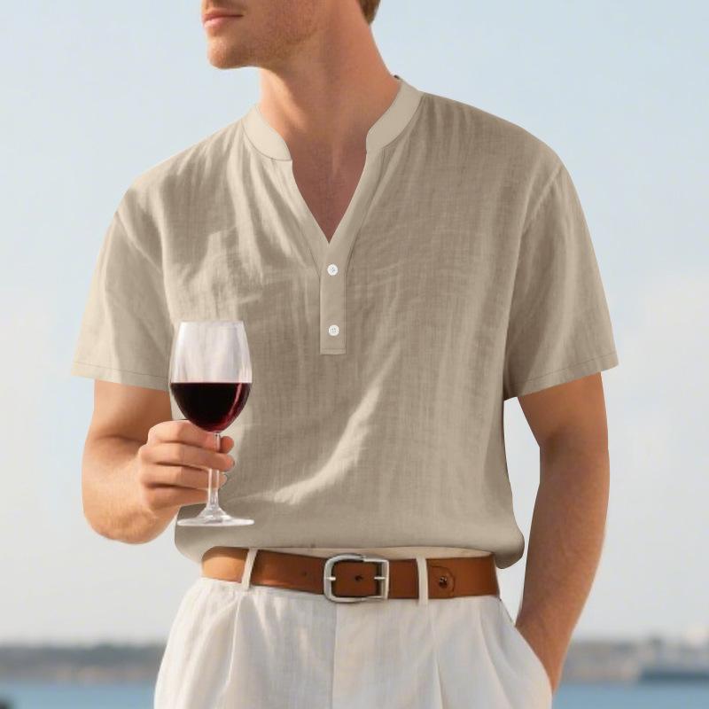 Summer European and American Men's Casual Loose Shirt Casual Stand-up Collar Button-down Linen Short Sleeves