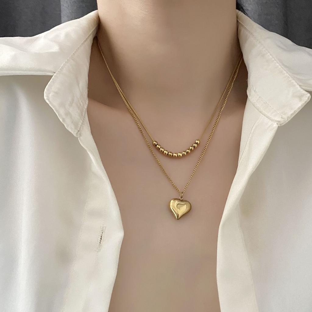 French Fashion Love Heart Double Layer Titanium Steel Clavicle Necklace For Women