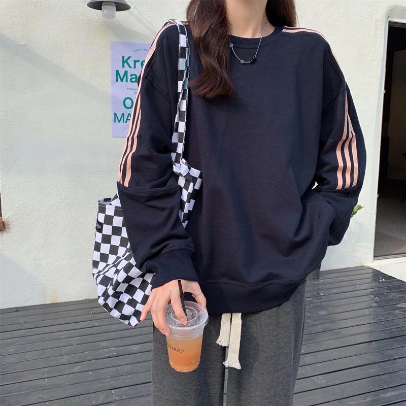 Autumn and Winter Sweatshirt Women Loose Striped Splicing Long Sleeve Tops Casual Versatile Female Winter Clothes Women