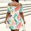 Women Plus Size Cold Shoulder Chain Strap Short Sleeve Printed Loose Dress Pink Purple White