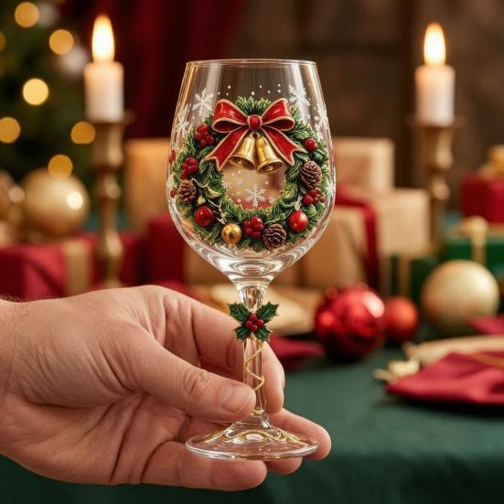 Elegante Vetro con Disegno di Fiocchi di Neve Calice da Vino di Natale, Babbo Natale Pupazzo di Neve Renna Calza Albero Ghirlanda Lusso Calice per Vino Festivo, Cocktail,