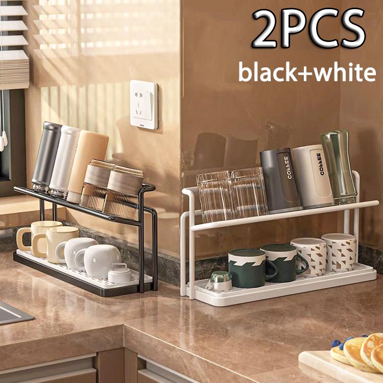 Stainless Steel 2-Tier Bottle Drying Rack with Drain Tray - Space Saving Kitchen Cup Storage Rack for Mugs, Jugs and Accessories