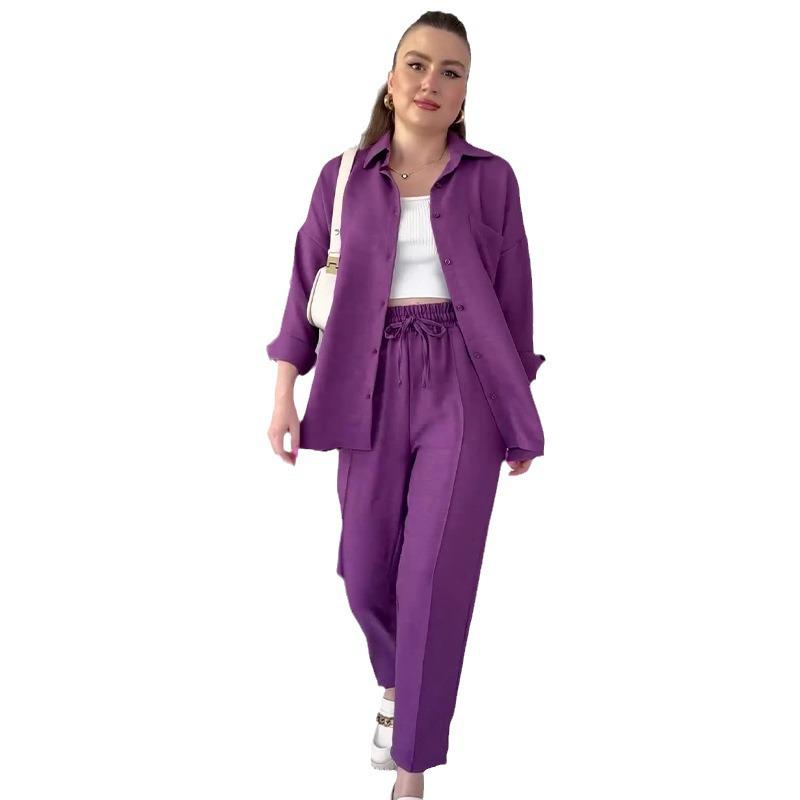 Conjunto Feminino Casual de Outono 2024 de Jaqueta Camisa de Cor Sólida e Calças Compridas