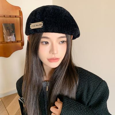 Autumn and Winter Warm Rabbit Fur Hat Female Reverse Wearing Beret Retro Versatile Dual-purpose Forward Hat Solid Color Painter Hat