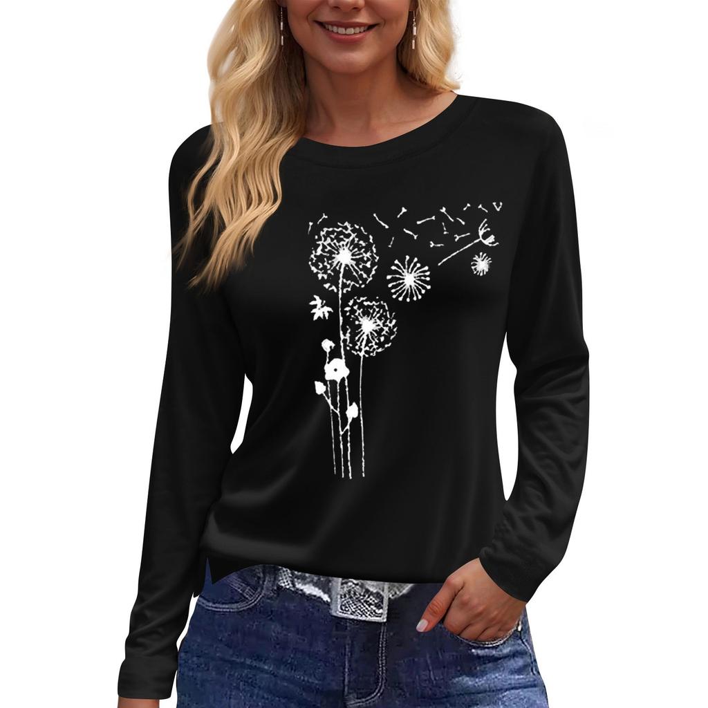Mote Casual Langermet Trykk Rund Hals Pullover Topp Bluse for Kvinner