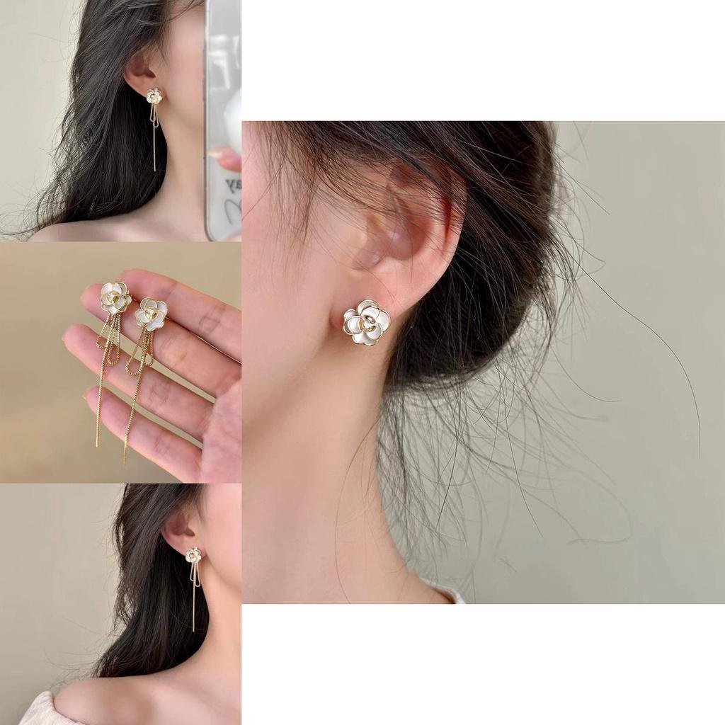 Elegante und stilvolle Legierung Kamelien Quasten Ohrringe Lang und schlank Ohrfaden Damen Mode Accessoires