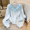 2026 Spring/Autumn Women's V-neck 3D Floral Rhinestone Pullover - Versatile Loose-Fit Long-Sleeve Top