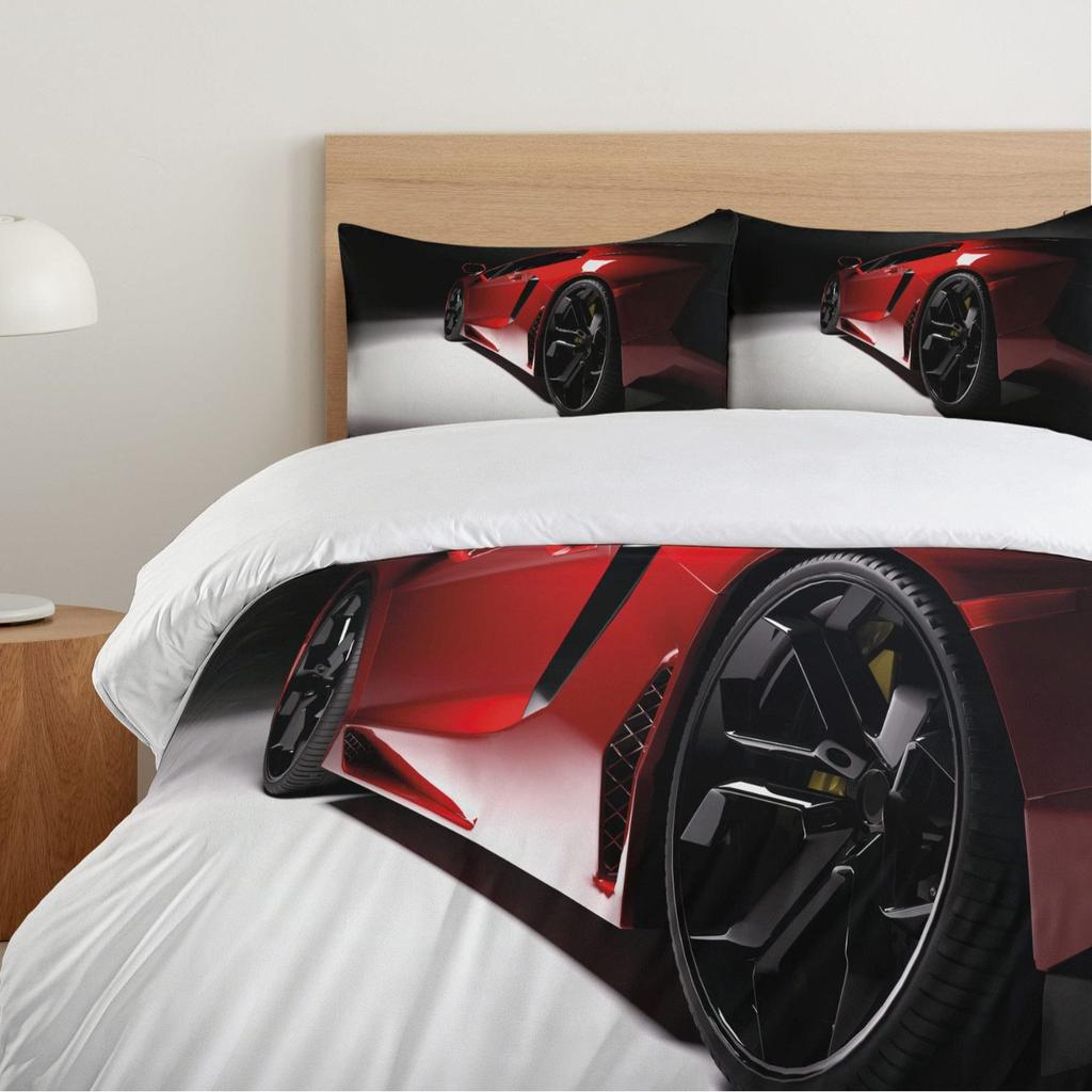 Red Cool Car Steering Wheel Three-piece Digital Printing Bedding Set Bed Cover