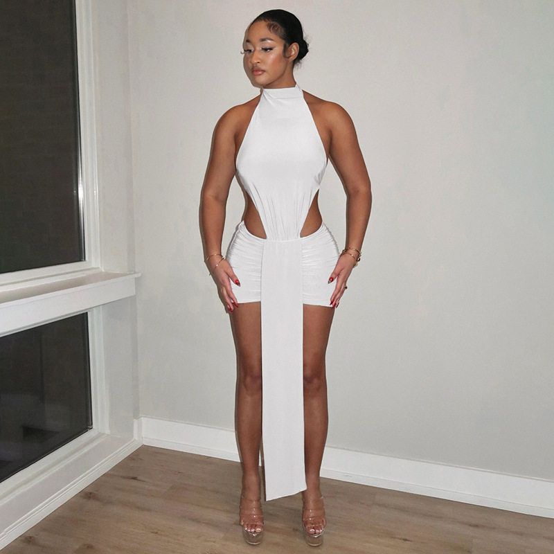 

C25Ds444 European and American Women s Clothing Spring New Solid Color Patchwork Sexy Slim Fit Hollow-Out Ribbon Sleeveless Short Dress White S