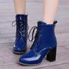Plus Size Glossy Patent Leather Lace Up Thick Plush Inner Lining Super High Thick Heel Women's Ankle Boots Warm Cheap Ankle Boot