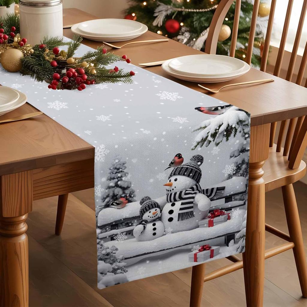 Christmas Snowman Bird Snow Tree Linen Table Runner Party Decor Winter Holiday Kitchen Dining Table Runner Christmas Decorations