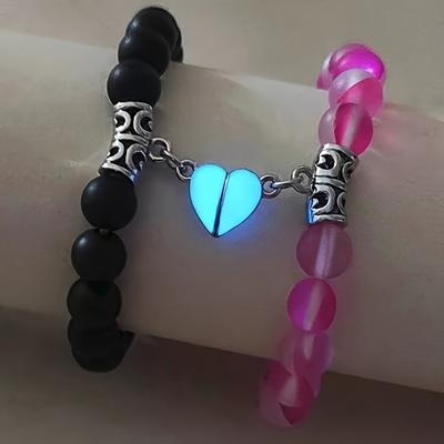 Luminous Heart Matching Bracelet 2 Pcs+2 Pcs Necklace Vintage Bohemian Style - Suitable for Men & Women - Couple Best Friend Jewelry Set Gift