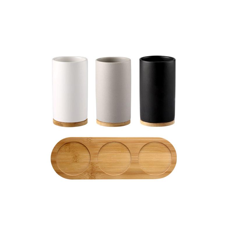 Toothbrush Holder Cup Ceramics Tooth Brush Organizer Nordic Style Bathroom Accessories Set with Wood Base Bathroom Space Saving